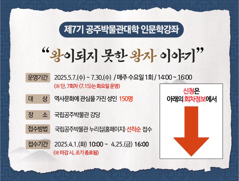 제7기 공주박물관대학 인문학강좌 왕이되지 못한 왕자 이야기 운영기간 : 2025.5.7.(수) ~ 7.30.(수) / 매주 수요일 1회/ 14:00~16:00 (※단, 7회차(7.15)는 화요일 운영), 대상 : 역사문화에 관심을 가진 성인 150명, 장소 : 국립공주박물관 강당, 접수방법 : 국립공주박물관 누리집(홈페이지) 선착순 접수, 접수기간 : 2025.4.1.(화) 10:00~ 4.25.(금) 16:00 (※마감 시, 조기 종료됨) 신청은 아래의 회차정보에서